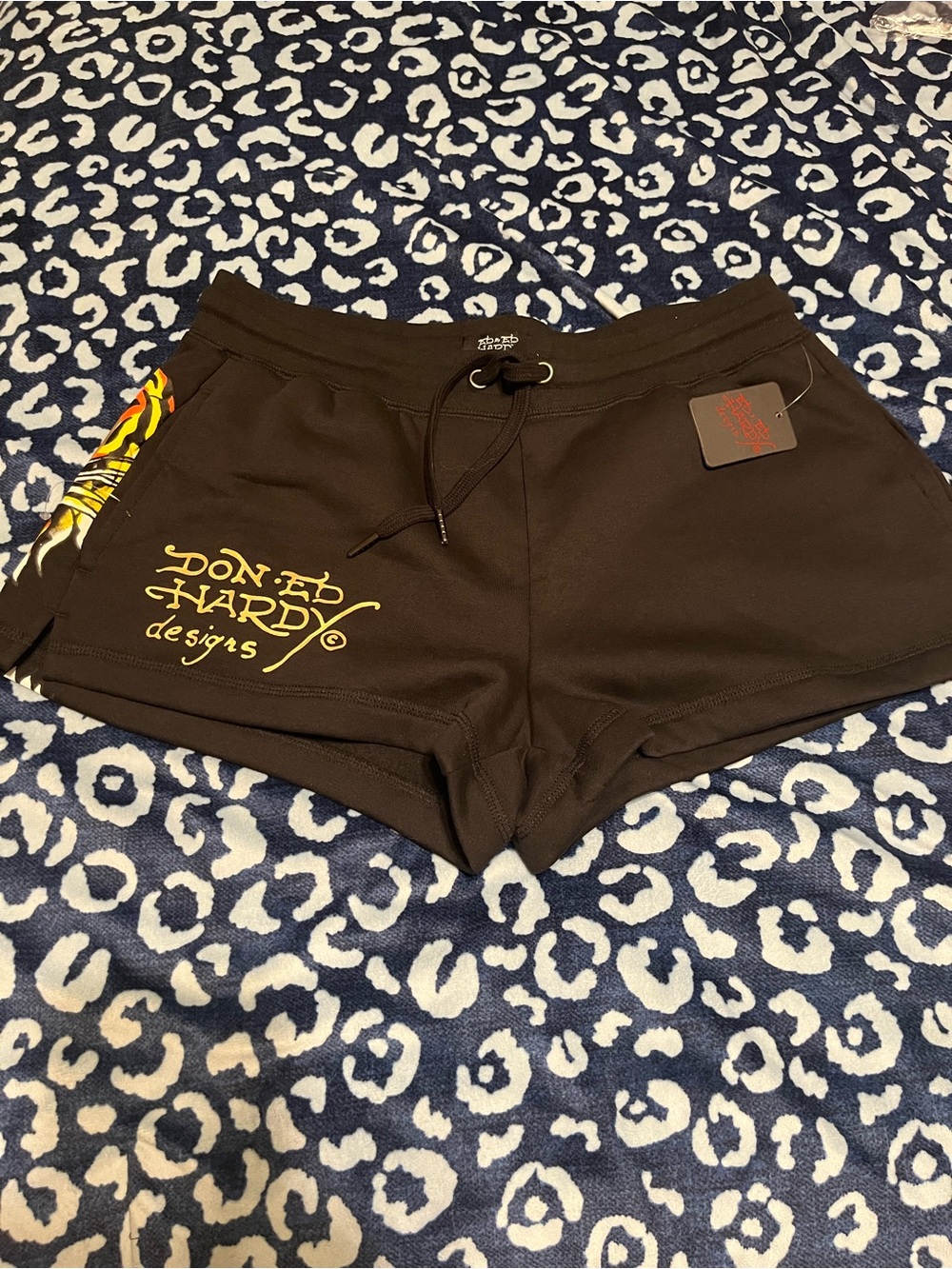 Ed Hardy Black Women’s Logo Drawstring Athletic Shorts with Yellow Accent
